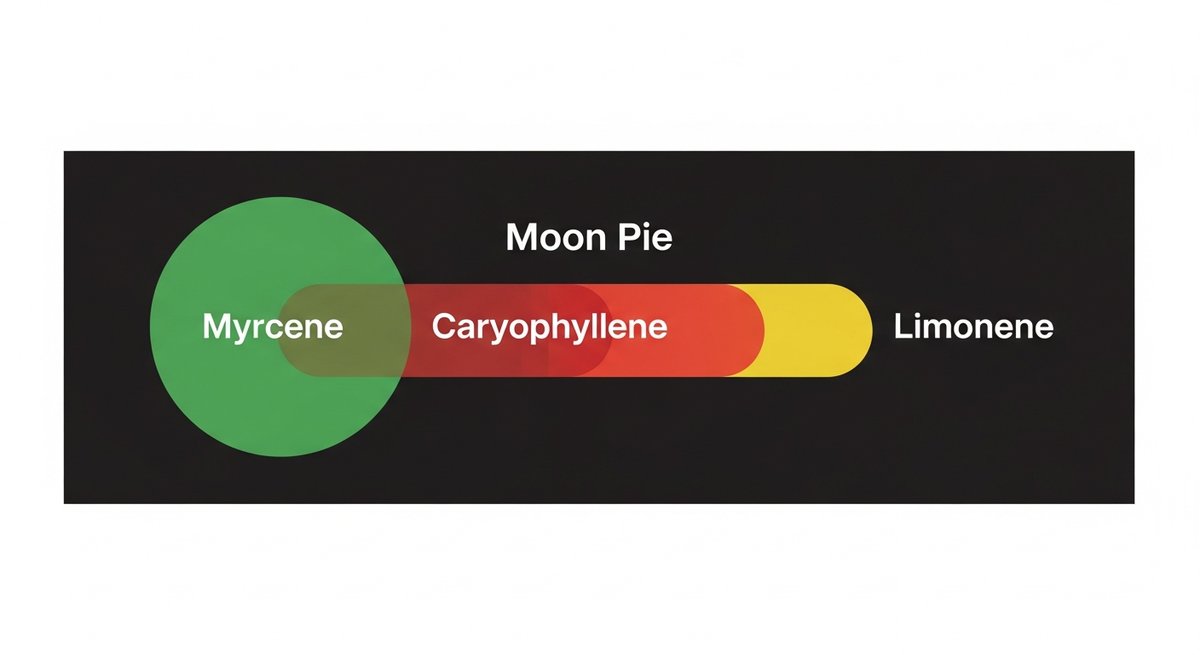 Moon Pie Strain 2 Terpene profile graphic for Moon Pie strain showing Myrcene in green, Caryophyllene in red, and Limonene in yellow