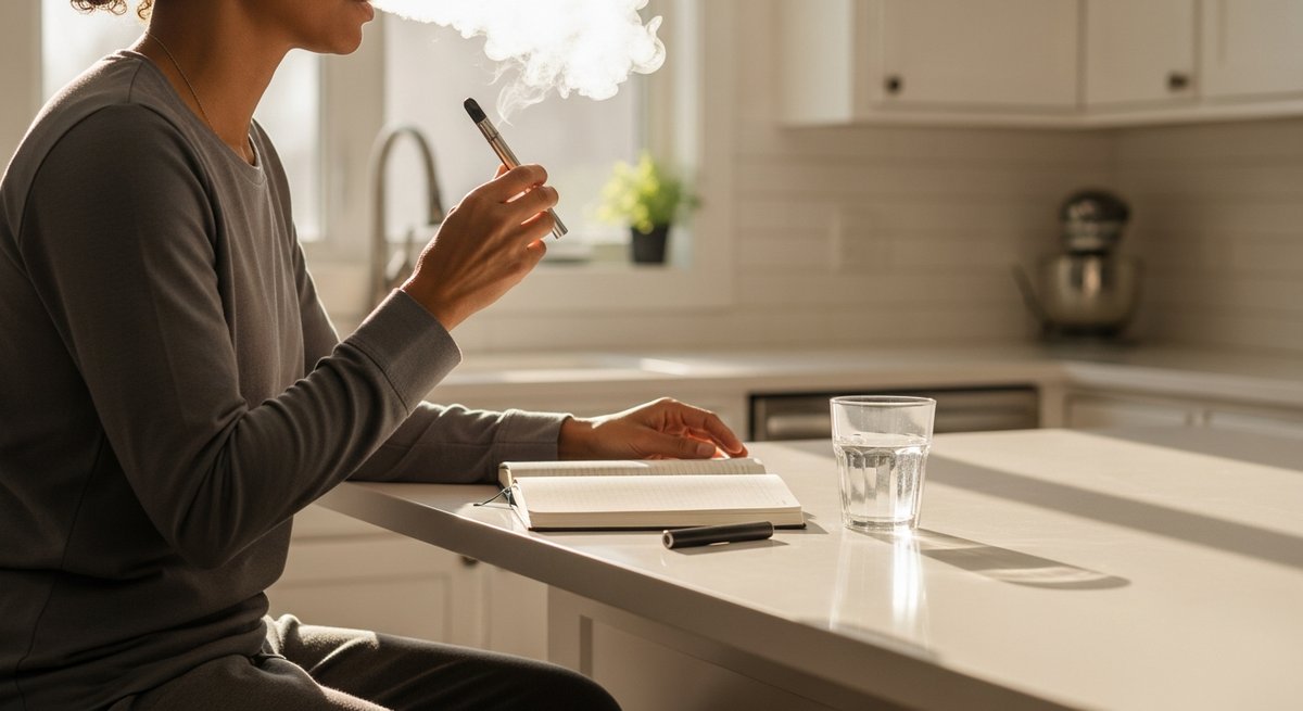 Best Vapes for Energy and a Morning Lift 9 Adult taking a single mindful morning vape puff at a sunlit kitchen counter with journal nearby