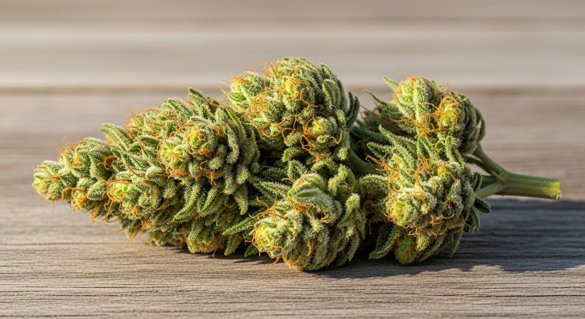 Neville’s Haze strain vs Super Silver Haze strain — Which Is Right for You? 4 Close-up of an airy, elongated sativa cannabis bud with pale green calyxes and light trichome coverage on wood