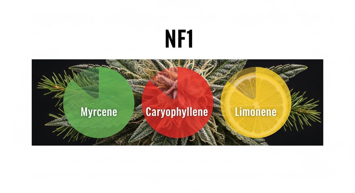 NF1 Strain 2 Terpene profile graphic for NF1 strain showing Myrcene in green, Caryophyllene in red, and Limonene in yellow.
