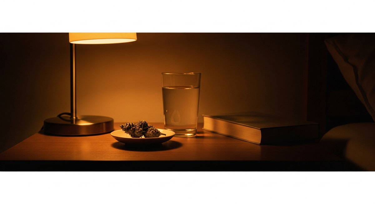 Wedding Cake strain vs Ice Cream Cake strain — Which Is Right for You? 4 Dimly lit bedroom nightstand at 2 a.m. with a cannabis bud on a ceramic dish, evoking sleep and nighttime relaxation