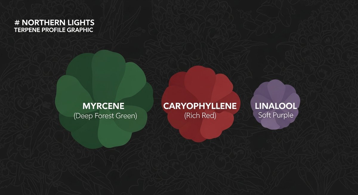 Northern Lights Strain 2 Terpene profile graphic for Northern Lights showing Myrcene green, Caryophyllene red, and Linalool purple