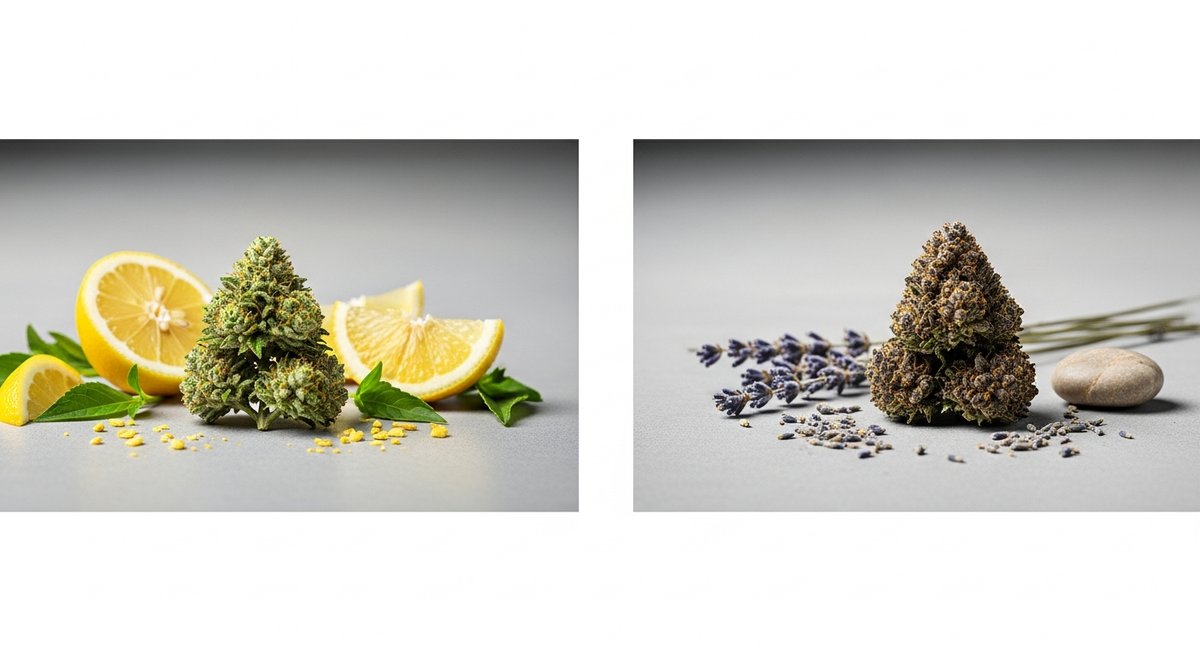OG Kush strain vs Bubba Kush strain — Which Is Right for You? 6 OG Kush bud with citrus beside Bubba Kush bud with lavender illustrating contrasting energizing and relaxing effects