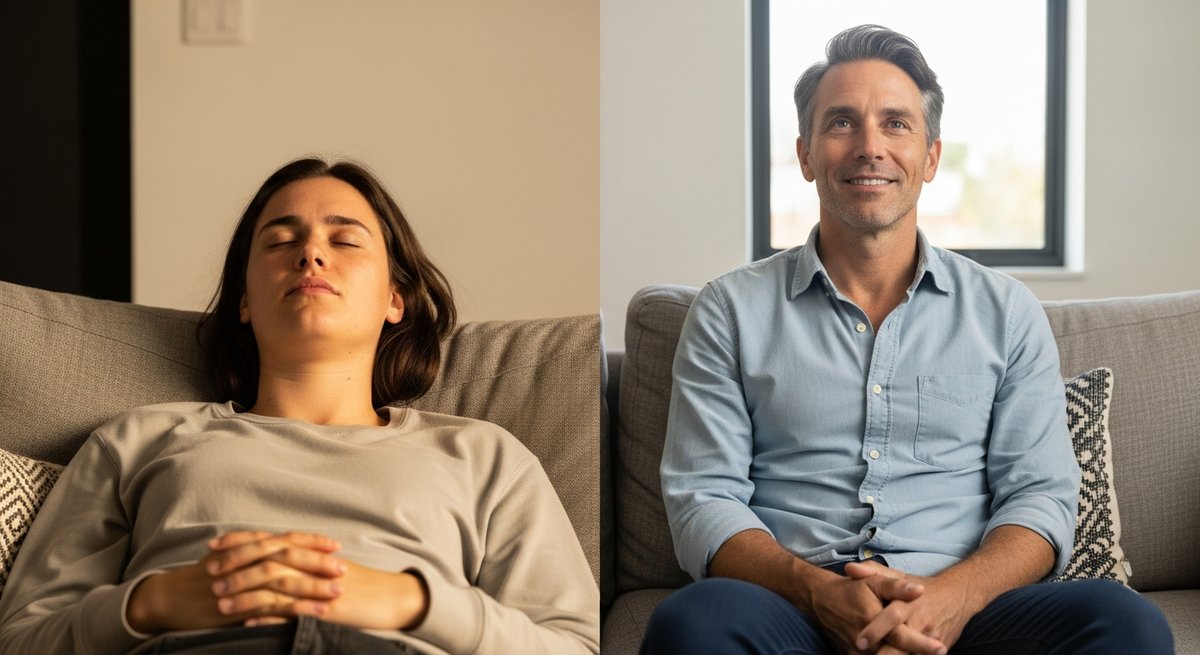 OG Kush strain vs Girl Scout Cookies strain — Which Is Right for You? 6 Two adults on a linen couch showing contrasting moods — one deeply relaxed, one calmly uplifted — in soft natural light