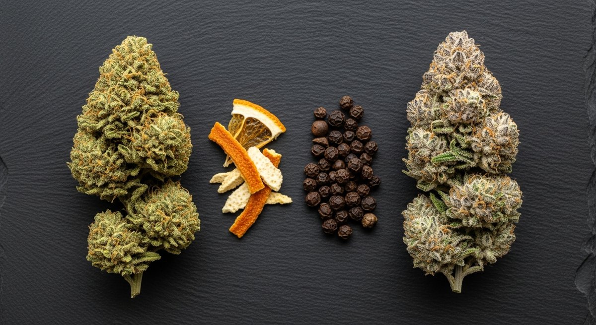 OG Kush strain vs Girl Scout Cookies strain — Which Is Right for You? 5 Overhead flat-lay of OG Kush and Girl Scout Cookies buds flanked by citrus peel and peppercorns on dark stone