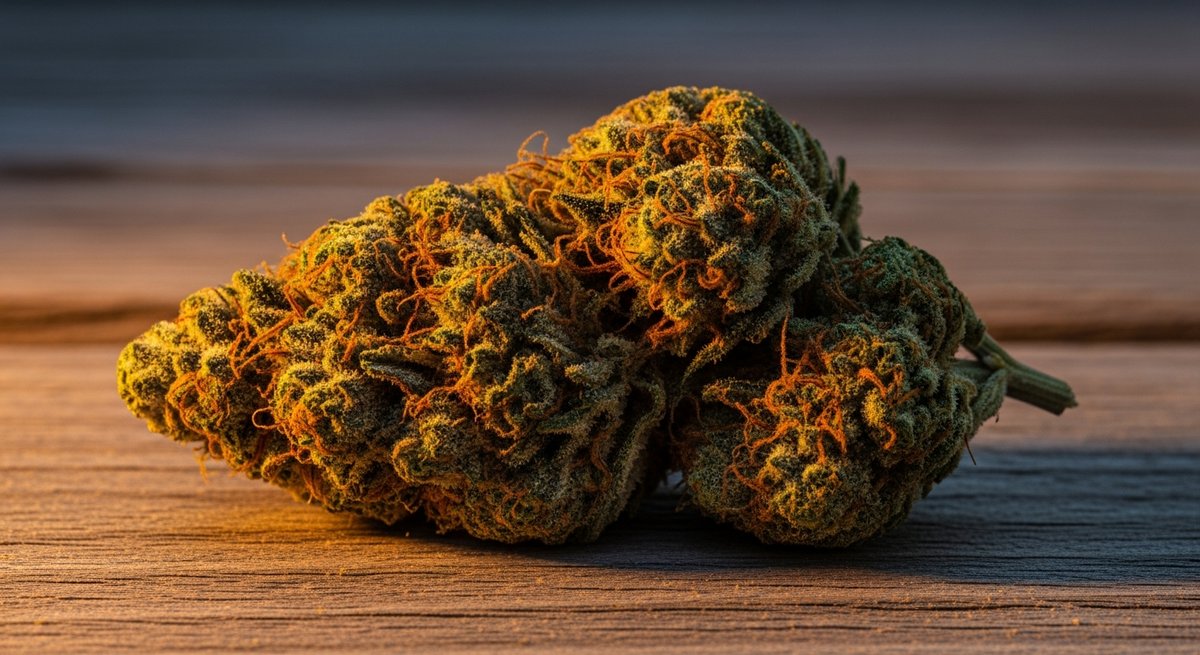 OG Kush strain vs Girl Scout Cookies strain — Which Is Right for You? 4 Dense OG Kush cannabis bud with amber trichomes and orange pistils on a weathered wooden surface in warm moody lighting