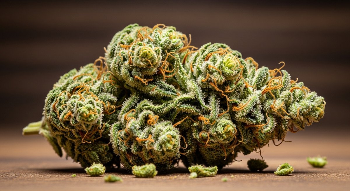 OG Kush strain vs Bubba Kush strain — Which Is Right for You? 4 Close-up of an OG Kush cannabis bud with bright orange pistils and frosty trichomes on wood surface