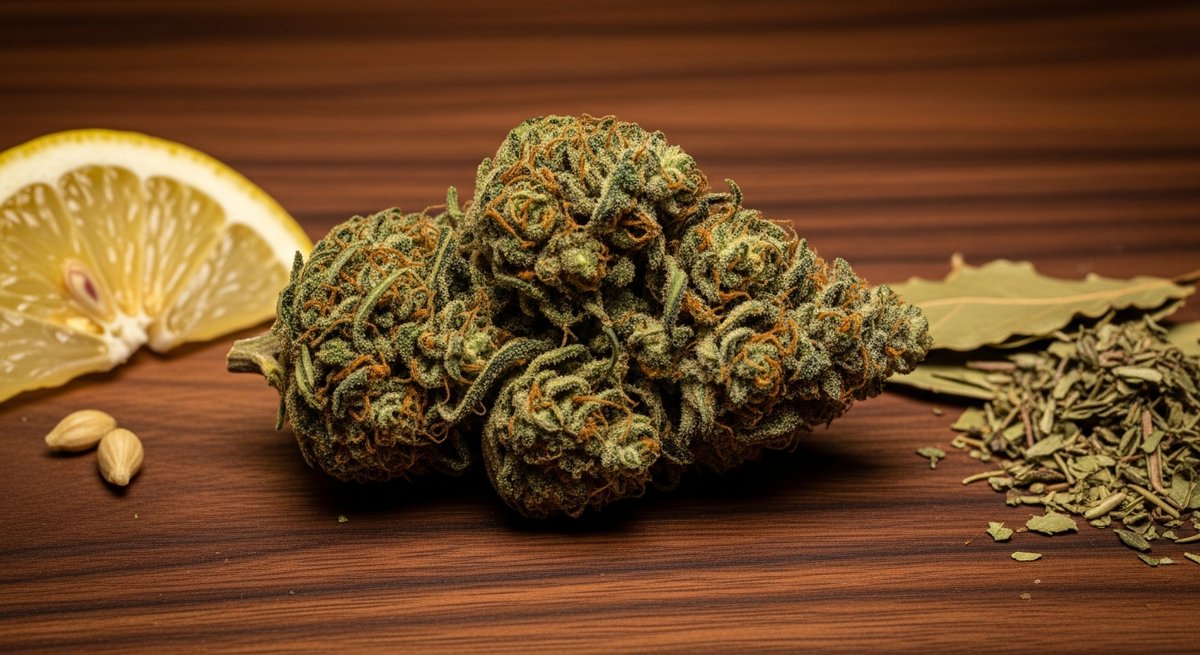 Ghost Train Haze strain vs OG Kush strain — Which Is Right for You? 53 Dense OG Kush cannabis bud on dark walnut wood with lemon wedge and earthy herbs reflecting its terpene character