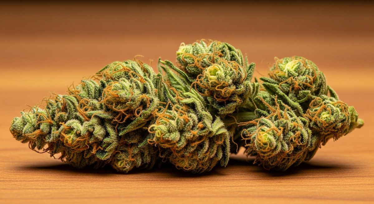 Platinum OG strain vs OG Kush strain — Which Is Right for You? 5 Editorial close-up of an OG Kush cannabis bud with bright green coloring and orange pistils on warm wood