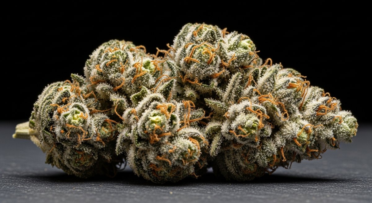 Banana Kush strain vs OG Kush strain — Which Is Right for You? 57 Dense OG Kush cannabis bud with heavy trichome coverage and amber pistils on dark stone under studio lighting