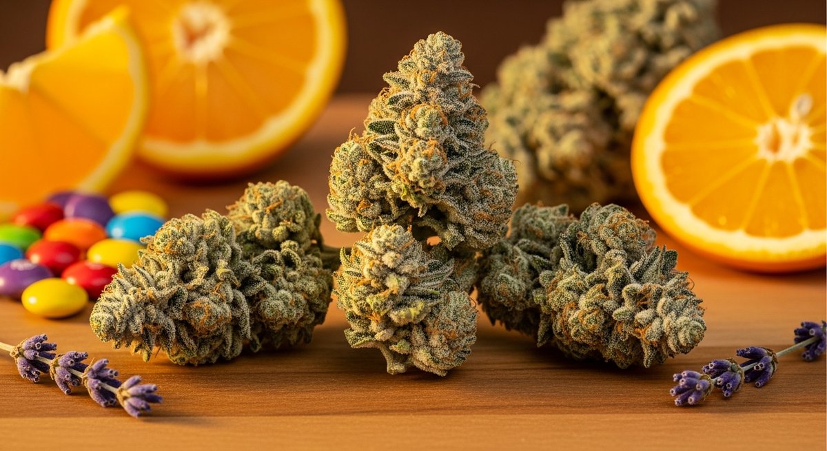 Tropicana Cherry strain vs Orange Push Pop strain — Which Is Right for You? 5 Macro editorial still-life of Orange Push Pop cannabis buds with orange slices and lavender on warm wooden board