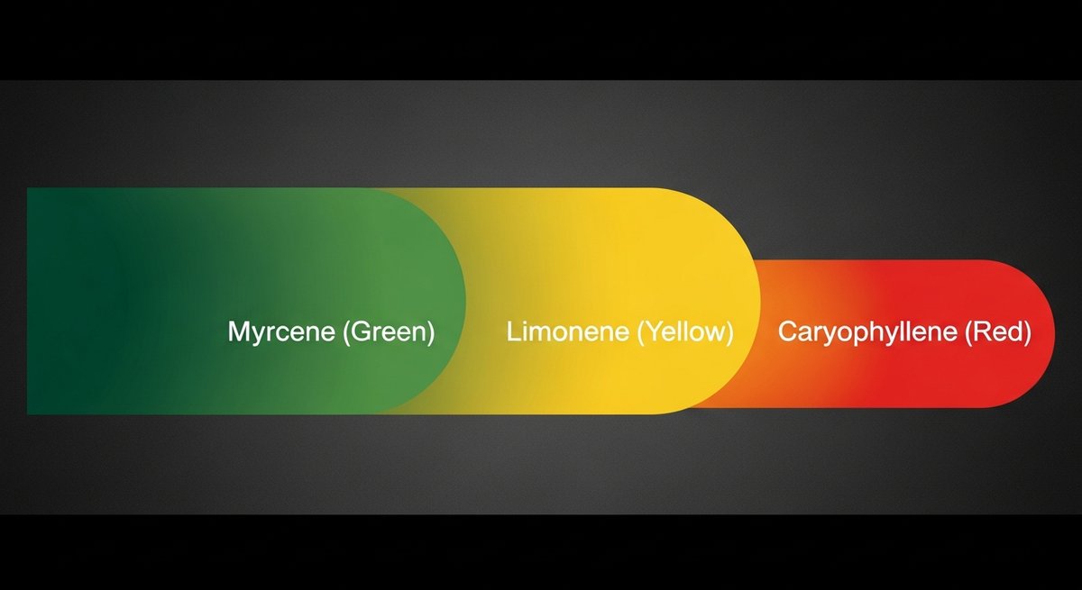 Orange Velvet Strain 2 Terpene profile graphic for Orange Velvet showing Myrcene in green, Limonene in yellow, and Caryophyllene in red