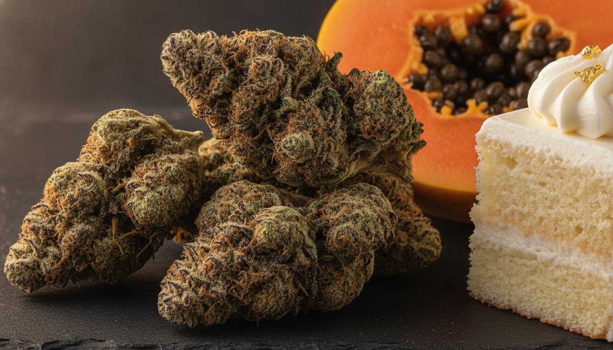 Mimosa strain vs Papaya Cake strain — Which Is Right for You? 5 Dense resin-coated Papaya Cake cannabis buds beside sliced papaya and vanilla cake on dark slate surface