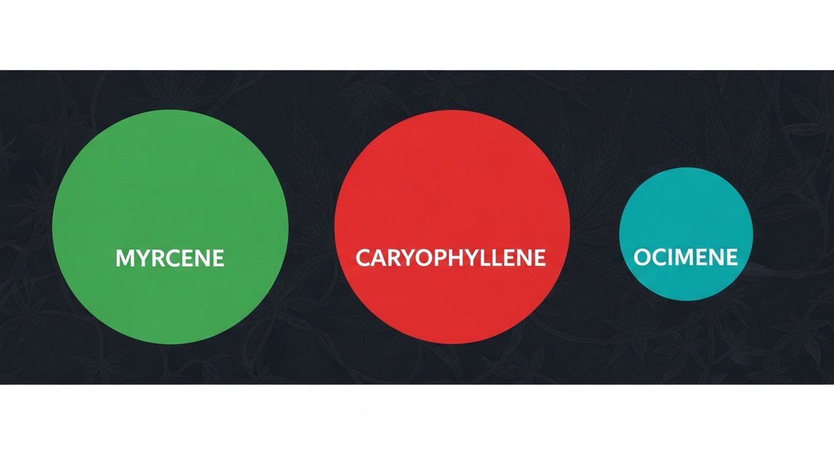 Papaya Strain 2 Terpene profile graphic for Papaya strain showing Myrcene in green, Caryophyllene in red, and Ocimene in teal.