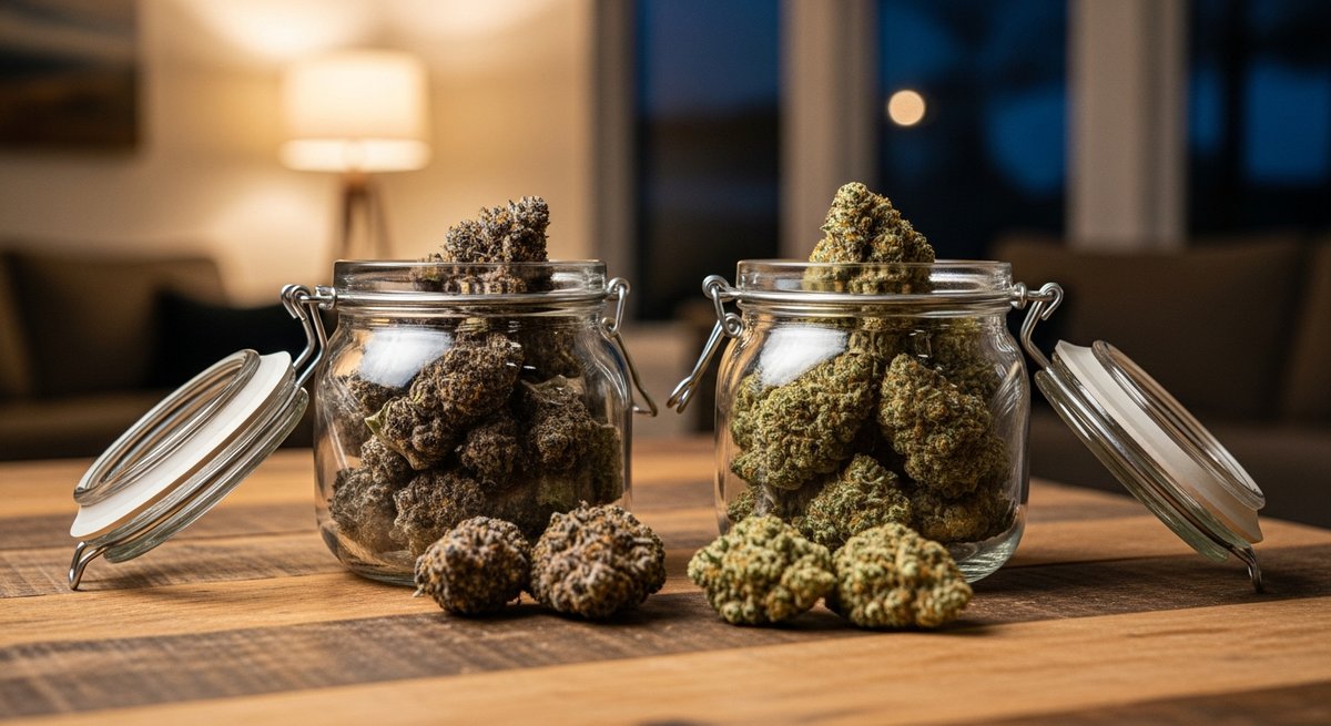 Permanent Marker strain vs Biscotti strain — Which Is Right for You? 6 Two open glass jars of contrasting cannabis buds on a wood table in a warmly lit living room setting