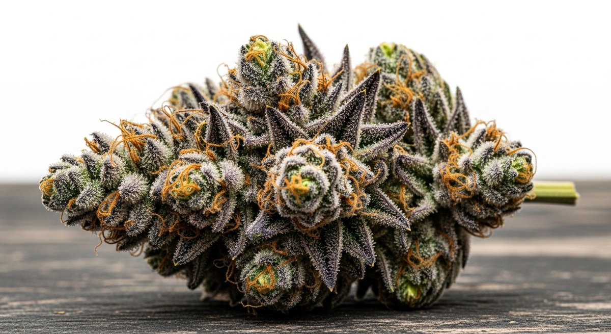 Permanent Marker strain vs Biscotti strain — Which Is Right for You? 4 Macro close-up of a dense Permanent Marker cannabis bud with purple hues and heavy trichome coverage