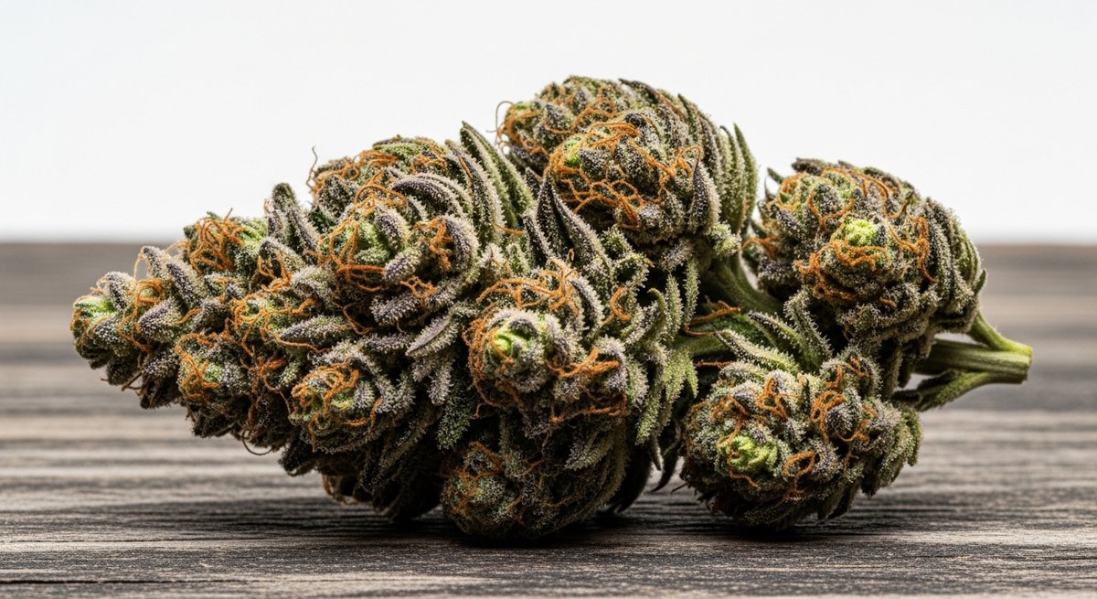 Permanent Marker strain vs RS11 strain — Which Is Right for You? 4 Macro close-up of a dense Permanent Marker cannabis bud with amber trichomes and purple undertones