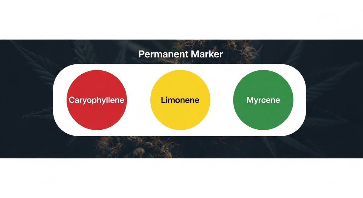 Permanent marker Strain 2 Terpene profile infographic for Permanent Marker showing Caryophyllene in red, Limonene in yellow, and Myrcene in green