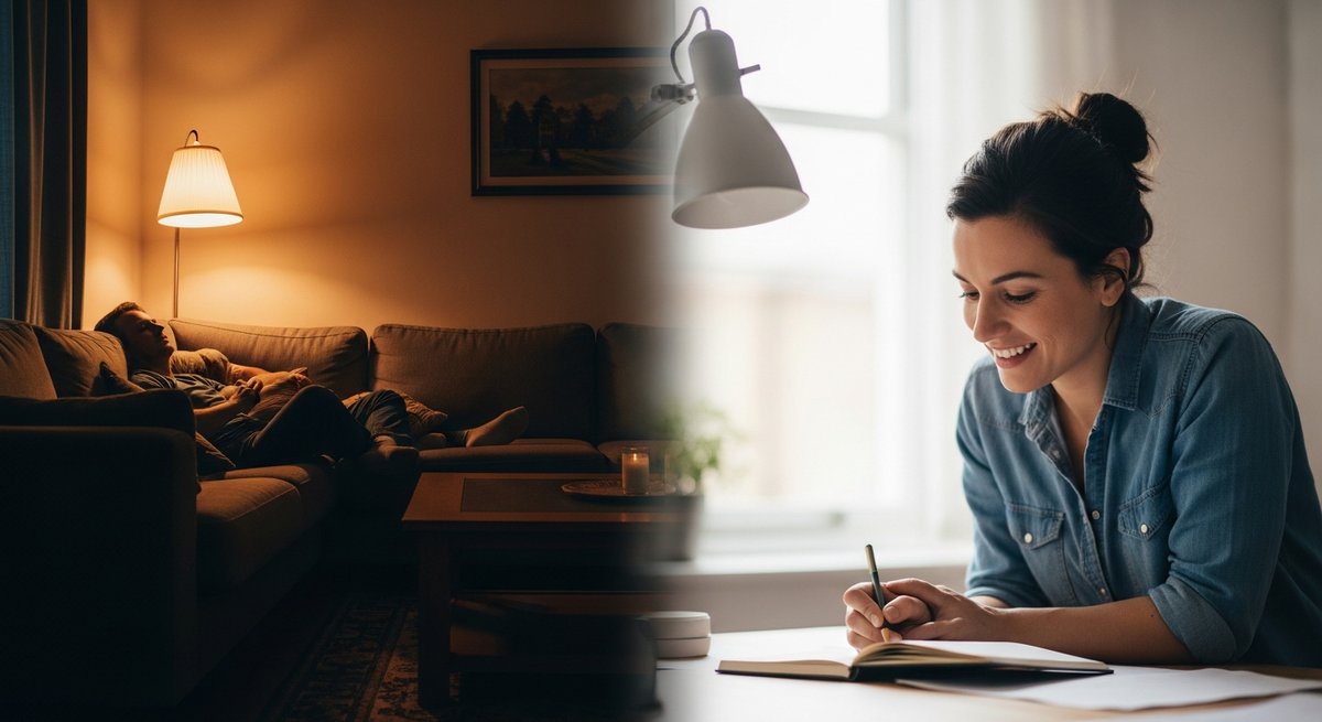 Permanent Marker strain vs RS11 strain — Which Is Right for You? 6 Split lifestyle scene contrasting Permanent Marker's evening sedation with RS11's daytime creative uplift