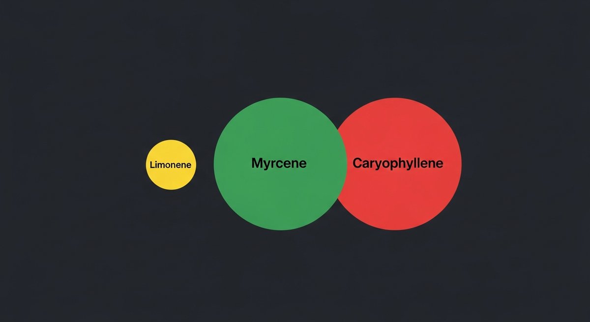 Pineapple Cake Strain 2 Terpene profile graphic for Pineapple Cake showing Myrcene green, Caryophyllene red, and Limonene yellow