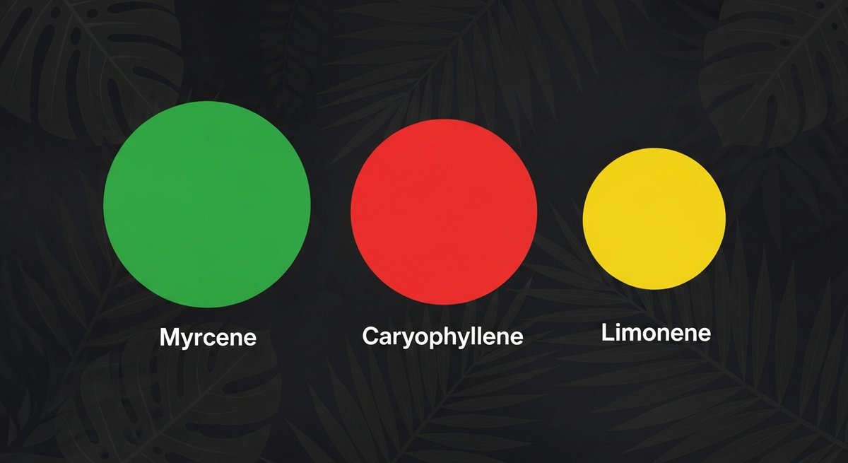 Pineapple Express Strain 2 Terpene profile graphic for Pineapple Express showing green Myrcene, red Caryophyllene, and yellow Limonene swatches