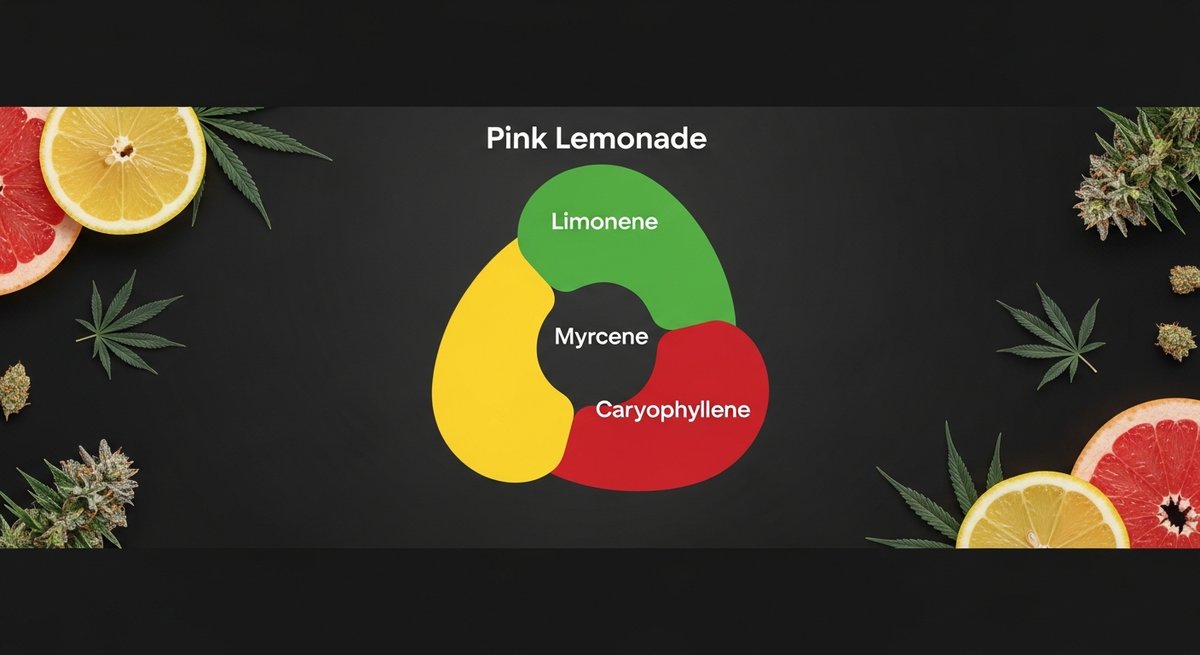 Pink Lemonade Strain 2 Terpene profile graphic for Pink Lemonade strain showing Limonene in yellow, Myrcene in green, and Caryophyllene in red