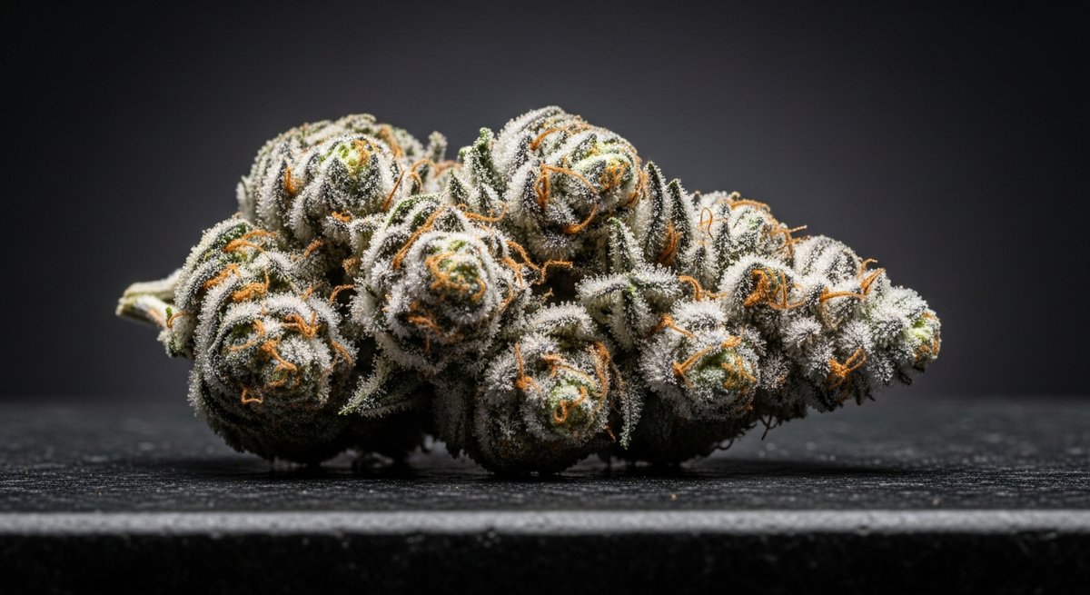 Platinum OG strain vs OG Kush strain — Which Is Right for You? 4 Macro close-up of a frosty Platinum OG cannabis bud with dense silvery trichome coating on dark stone
