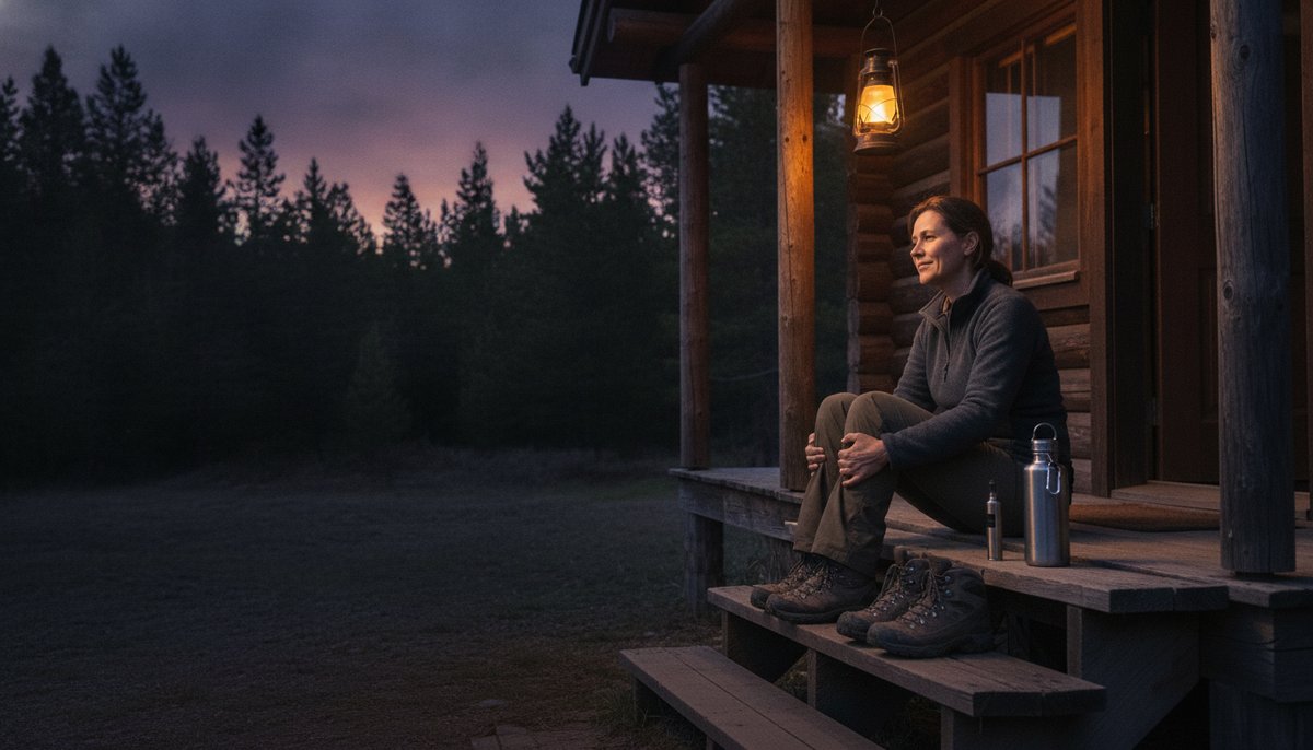 Sativa Vape Pens for Hiking Running and Outdoor Days 10 Adult woman relaxing on a cabin porch at dusk after hiking, massaging her legs with a vape pen resting nearby