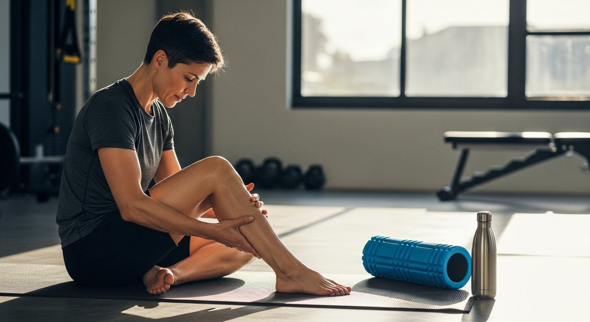Best Pre-Workout Gummies: Cannabis for the Gym 10 Adult athlete massaging sore calf muscle on a yoga mat surrounded by post-workout recovery tools