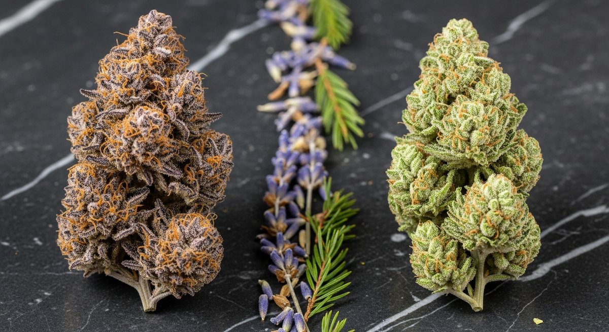 Purple Haze strain vs Blue Dream strain — Which Is Right for You? 5 Top-down flat-lay of Purple Haze and Blue Dream buds separated by lavender and pine sprigs on dark marble