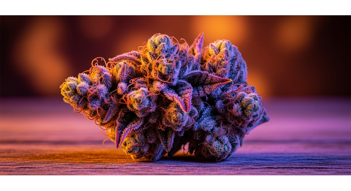 Purple Haze strain vs Blue Dream strain — Which Is Right for You? 4 Close-up of a Purple Haze cannabis bud with deep violet hues and orange pistils on a warm wooden surface