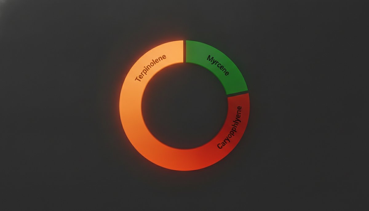 Purple Haze Strain 2 Terpene profile chart for Purple Haze showing Terpinolene in orange, Myrcene in green, and Caryophyllene in red
