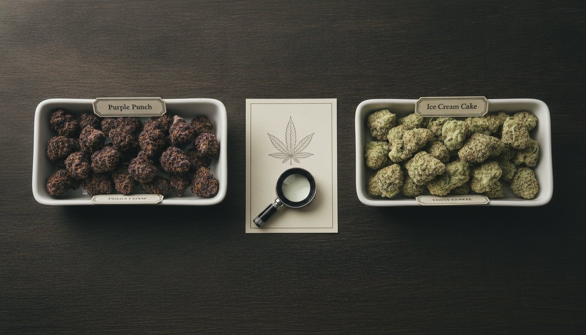 Purple Punch strain vs Ice Cream Cake strain — Which Is Right for You? 4 Side-by-side tray comparison of Purple Punch purple buds and Ice Cream Cake frosted green buds with magnifying loupe on dark