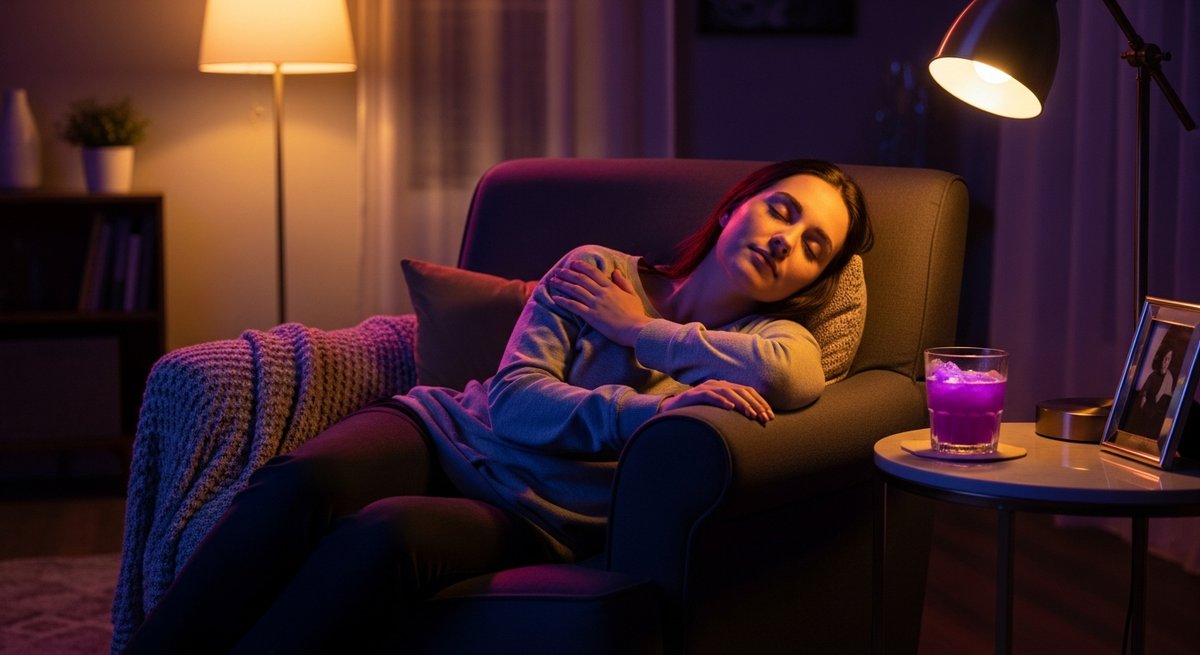 Purple Punch strain vs Ice Cream Cake strain — Which Is Right for You? 5 Person deeply relaxed in a warmly lit armchair at night evoking the gradual body-relaxation onset of Purple Punch strain