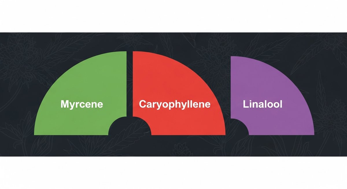 Purple Punch Strain 2 Terpene profile graphic for Purple Punch showing Myrcene in green, Caryophyllene in red, and Linalool in purple