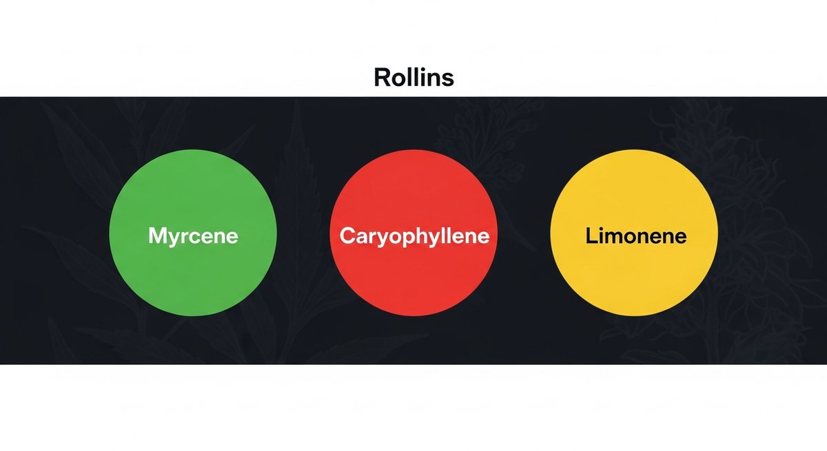 Rollins Strain 2 Terpene profile graphic for Rollins strain showing Myrcene in green, Caryophyllene in red, and Limonene in yellow
