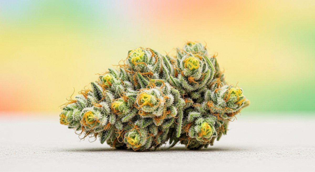 Permanent Marker strain vs RS11 strain — Which Is Right for You? 5 Macro editorial photo of a vibrant RS11 Rainbow Sherbert #11 bud with orange pistils and heavy trichomes