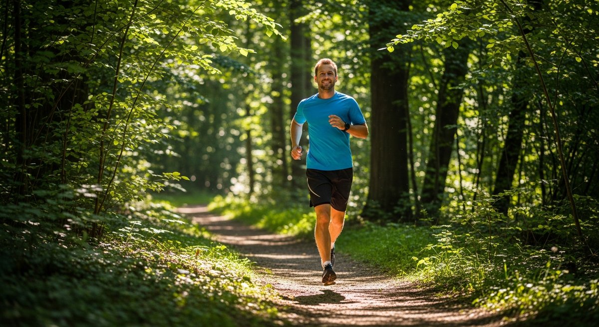 Best Pre-Workout Gummies: Cannabis for the Gym 7 Adult runner in a sunlit forest trail experiencing the euphoria of a long-distance run