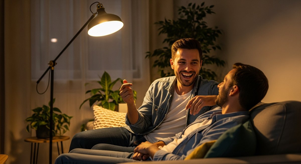 Runtz strain vs Gelato 33 strain — Which Is Right for You? 5 Two adults laughing and relaxing on a couch in a warm living room, illustrating social euphoria versus calm body relaxation e