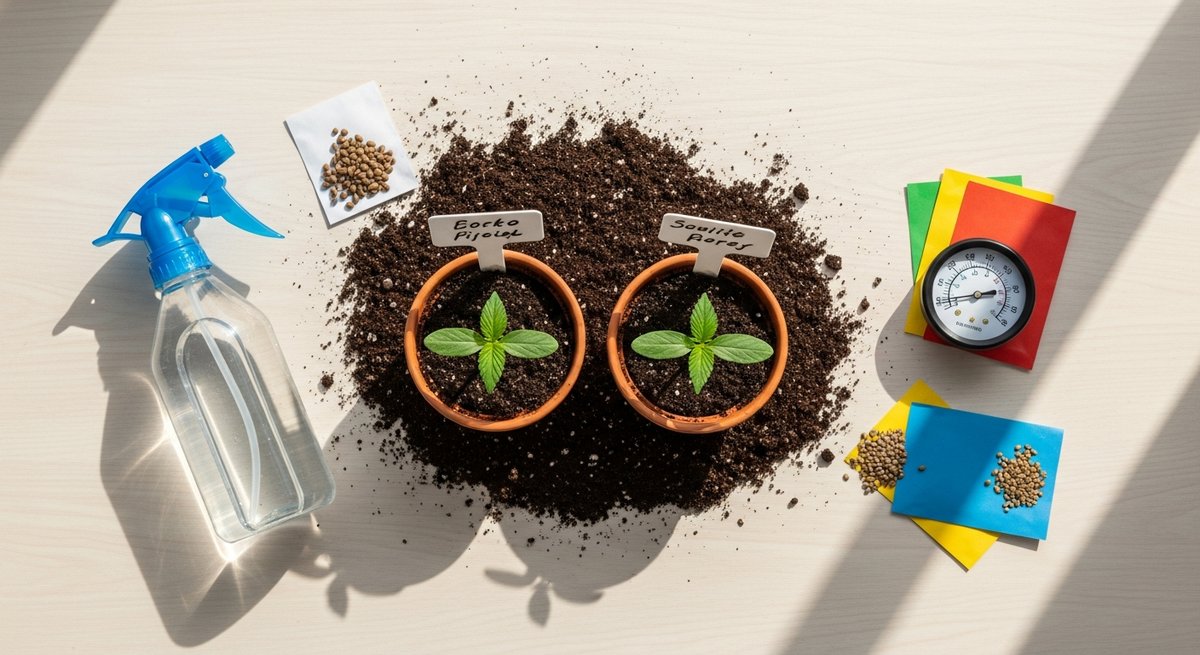 Runtz strain vs Gelato 33 strain — Which Is Right for You? 6 Overhead flat-lay of two cannabis seedlings in pots alongside soil, a humidity gauge, and seed packets on a potting bench