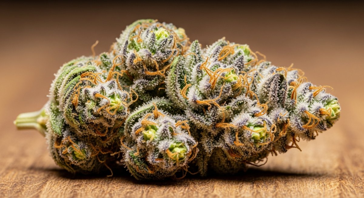 Runtz strain vs Gelato 41 strain — Which Is Right for You? 4 Macro shot of a Runtz cannabis bud showing lime-green and purple coloring with dense white trichomes on wood