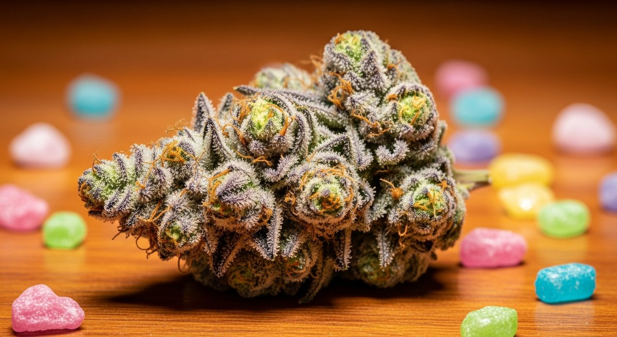 Runtz strain vs Gelato 33 strain — Which Is Right for You? 4 Macro shot of a frosty Runtz cannabis bud with purple-green hues resting among sugar crystals on a wooden surface