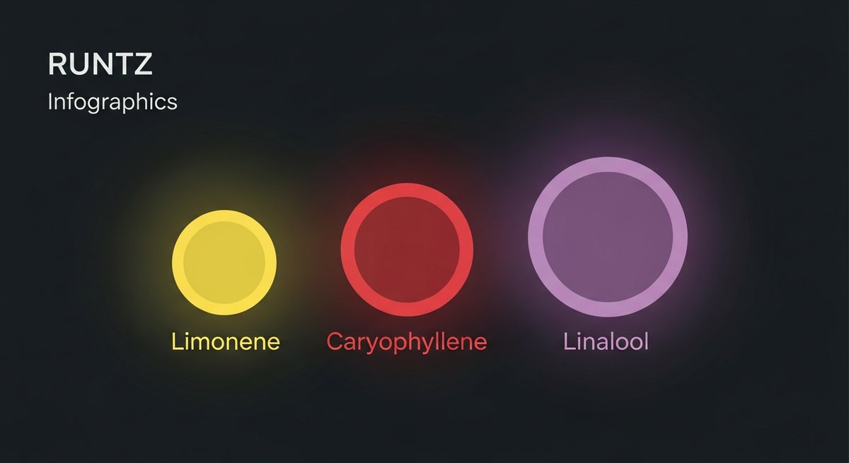 Runtz Strain 2 Terpene profile infographic for Runtz showing Limonene in yellow, Caryophyllene in red, and Linalool in purple