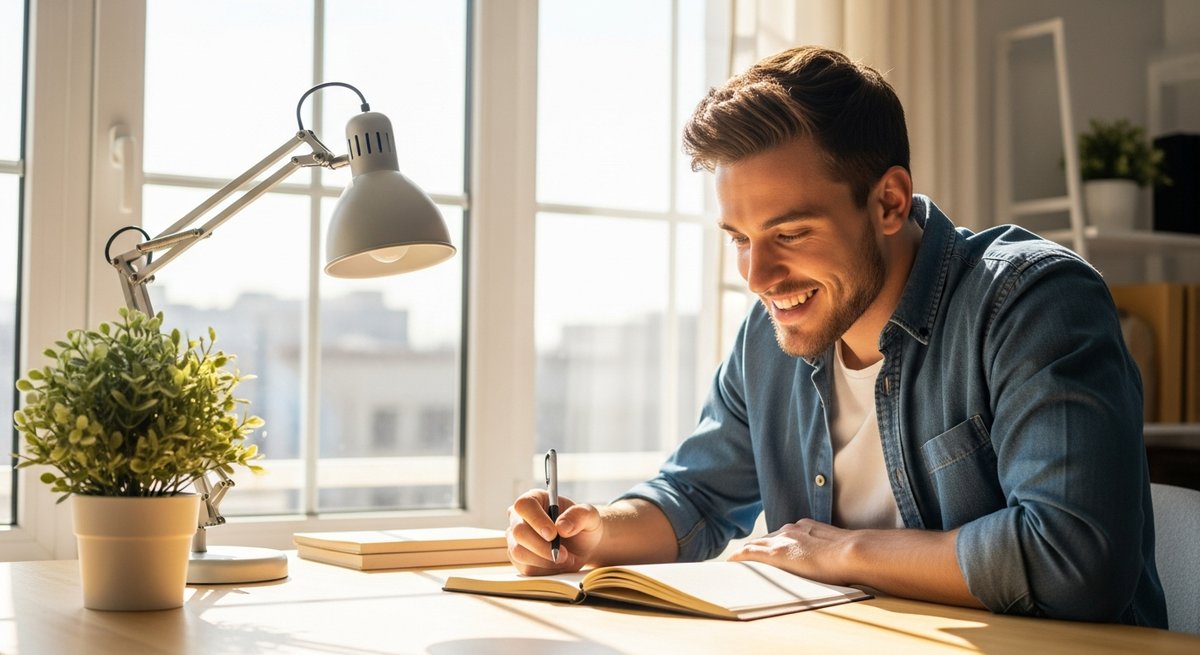 Neville’s Haze strain vs Super Silver Haze strain — Which Is Right for You? 5 Young adult man at a sunlit desk looking alert and creatively focused, illustrating cerebral sativa effects