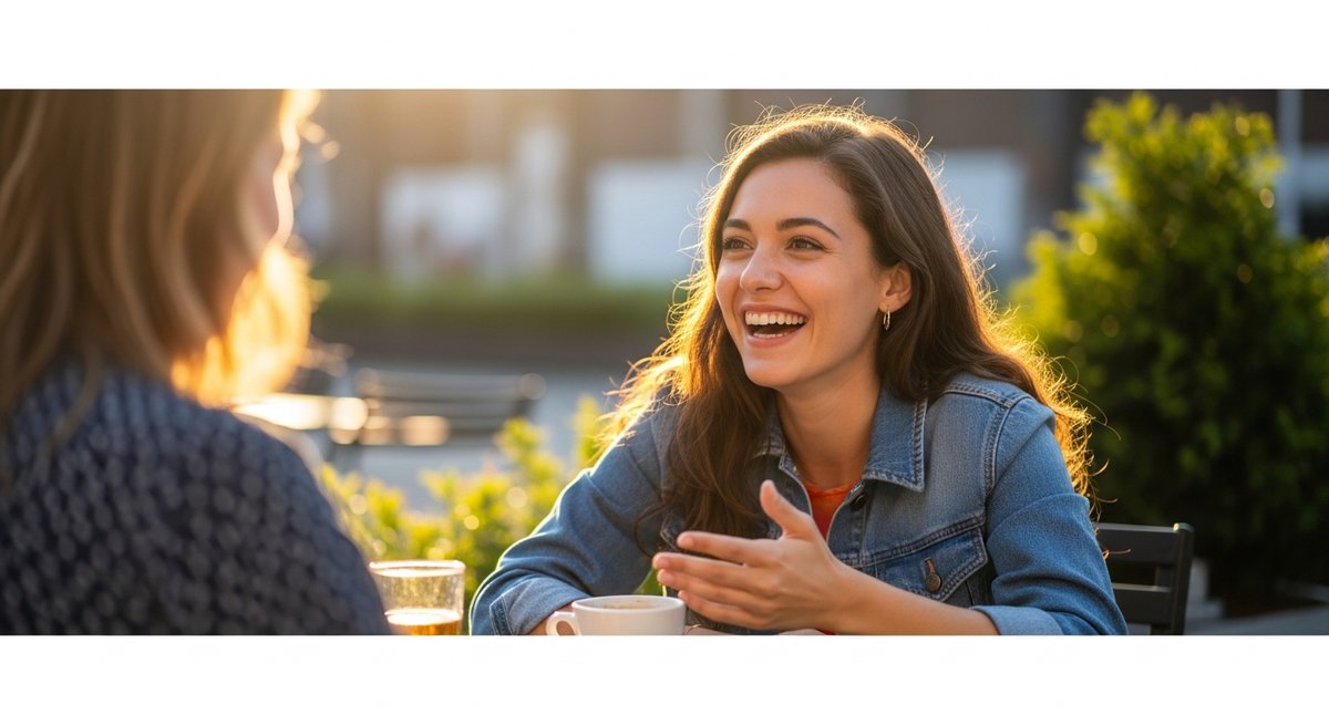 Amnesia Haze strain vs Blue Dream strain — Which Is Right for You? 5 Young adult woman laughing at a sunlit outdoor café, conveying uplifted euphoric energy and social engagement