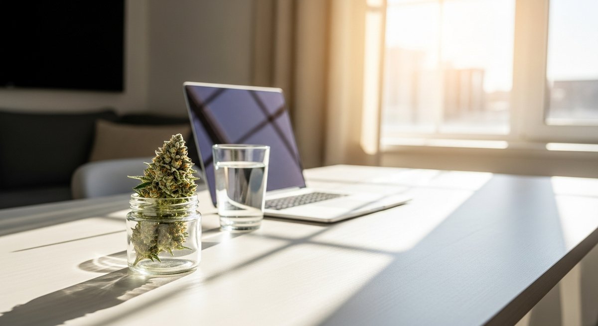 Super Silver Haze strain vs Amnesia Haze strain — Which Is Right for You? 6 Sunlit home desk with open laptop and glass jar containing a frosted cannabis bud evoking daytime energy and focus