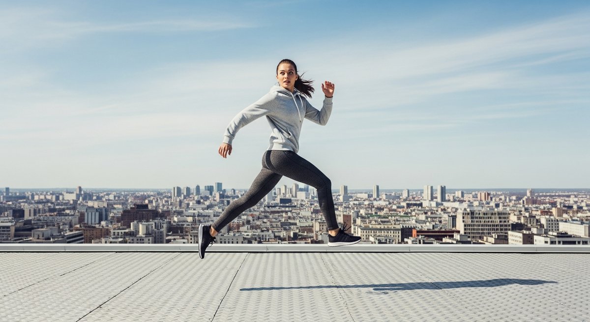 Neville’s Haze strain vs Super Silver Haze strain — Which Is Right for You? 6 Energetic young woman on an urban rooftop mid-stride, conveying high-energy motivation and sativa-driven focus