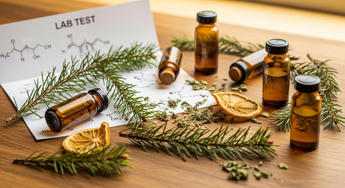Sativa Vape Pens for Hiking Running and Outdoor Days 7 Flat-lay of terpene vials, pine needles, citrus peel, and lab test sheets on a wood surface in warm light