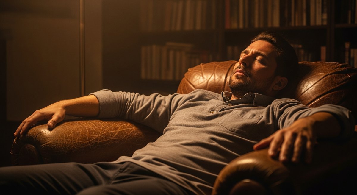 Death Star strain vs OG Kush strain — Which Is Right for You? 5 Relaxed adult man sinking into leather armchair in warm dimly lit room, eyes half-closed, expressing deep sedation