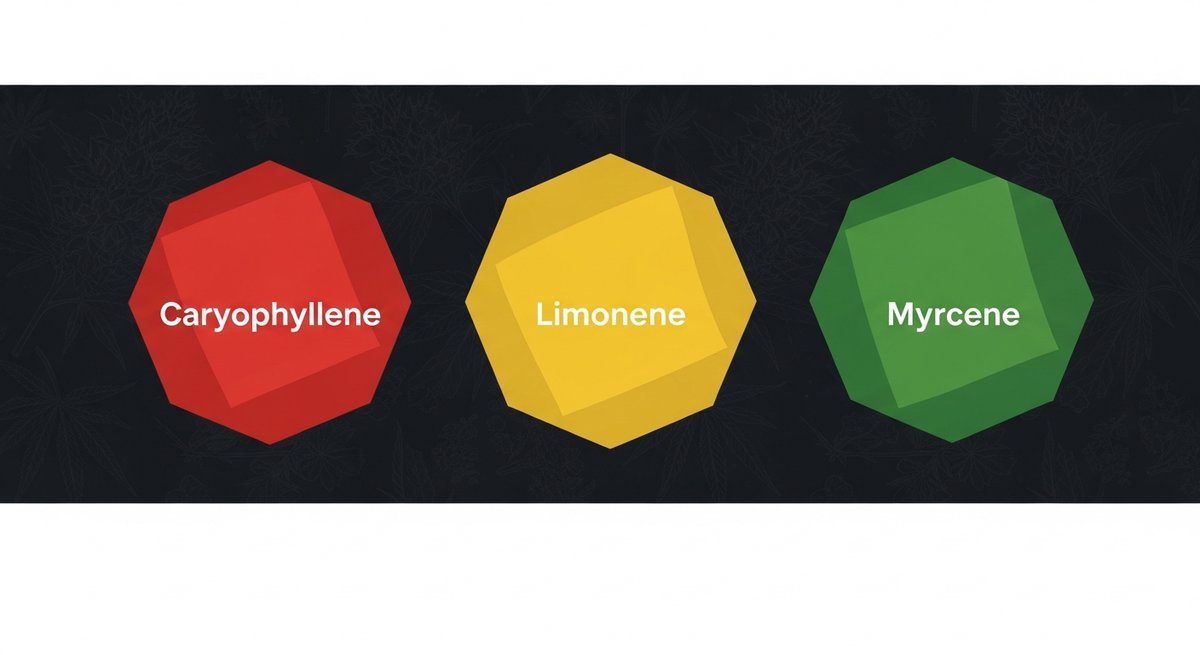 Sherbet Cake Strain 2 Terpene profile graphic for Sherbet Cake showing Caryophyllene in red, Limonene in yellow, and Myrcene in green